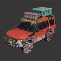 Winter Red SUV With Snow Covered Body And Luggage On Roof Rack