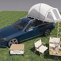 Serene Garden Landscape With Green Grass Camping Tent Wooden Tables Chairs And Blue Car