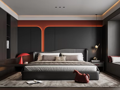 Modern Bedroom Interior Design With Black Headboard Orange Accent Wall Plush Rug And Red Bag 3d model