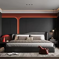 Modern Bedroom Interior Design With Black Headboard Orange Accent Wall Plush Rug And Red Bag
