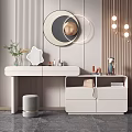 Modern Dressing Table With Round Mirror Stool And Decorative Drawers On Textured Wall 3d model