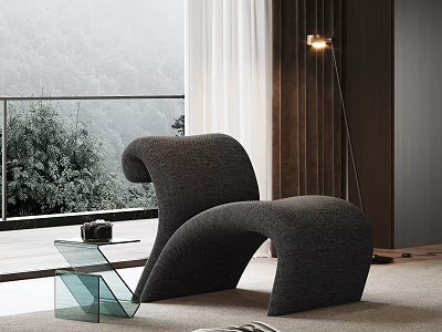 Modern Curved Gray Lounge Chair With Glass Side Table By Large Window Overlooking Green Mountain 3d model