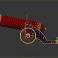 Decorative Vintage Cannon With Red Barrel Blue Body Yellow Accents And Spoked Wheels