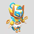 Cartoon Style Game Character With Blue Yellow Color Scheme Geometric Patterns And Decorative Armor Accessories