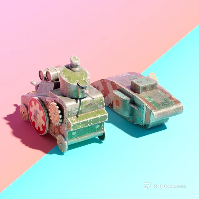 Vintage Green Toy Tank And Armored Vehicle With Red Gears On Pink Blue Background 3d model 