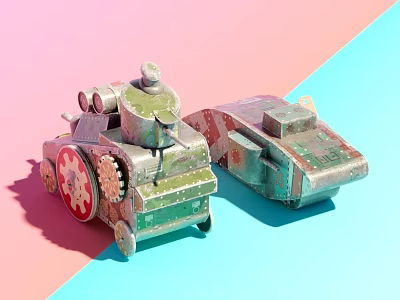 Vintage Green Toy Tank And Armored Vehicle With Red Gears On Pink Blue Background 3d model