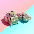 Vintage Green Toy Tank And Armored Vehicle With Red Gears On Pink Blue Background