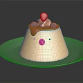 Cute Yellow Pudding Dessert With Drizzled Chocolate Topped Cherry And Chocolate Chips On Green Plate