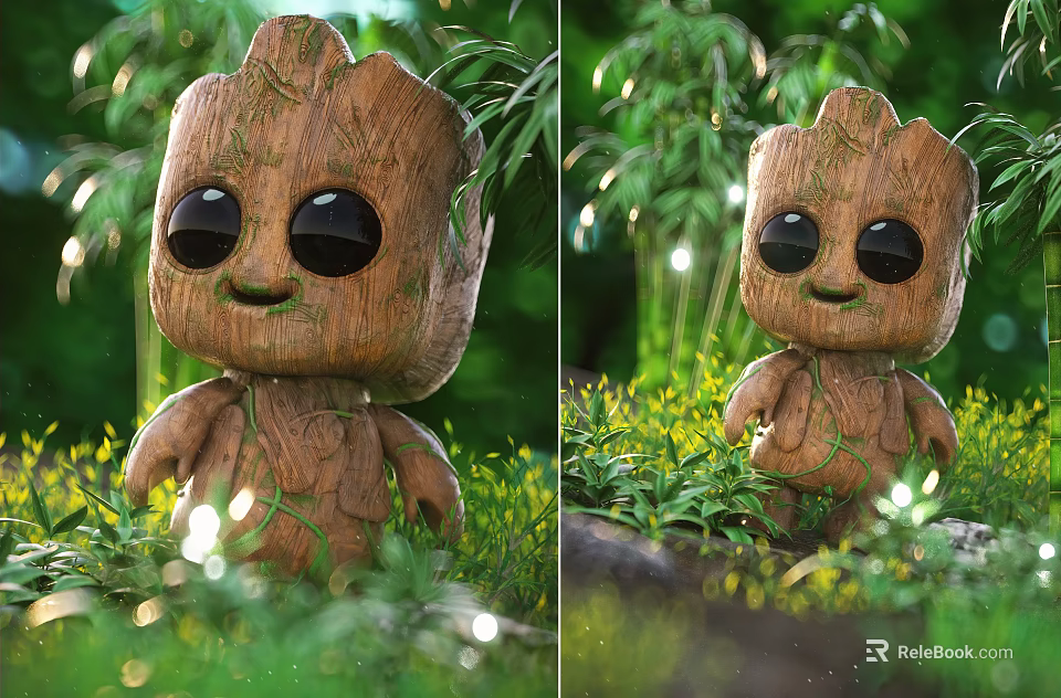 Cute Groot Figure In Garden Setting With Green Plants And String Lights 3d model 