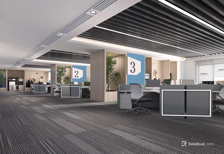 Modern Public Office Space With Open Cubicles Numbered Signs Green Plants And Ceiling Lighting 3d model 