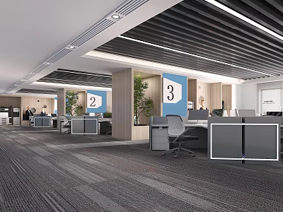 Modern Public Office Space With Open Cubicles Numbered Signs Green Plants And Ceiling Lighting 3d model