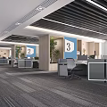 Modern Public Office Space With Open Cubicles Numbered Signs Green Plants And Ceiling Lighting