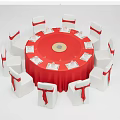 Elegant Round Dining Table Set With Red Tablecloth And White Chairs With Red Bows 3d model