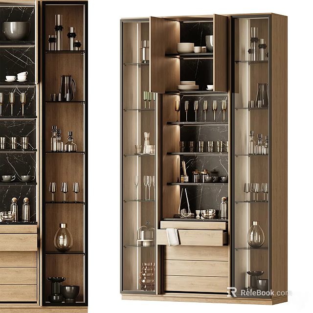 Modern Wooden Sideboard With Glass Doors And Multiple Shelves For Wine Glasses Storage 3d model 