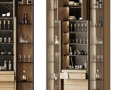 Modern Wooden Sideboard With Glass Doors And Multiple Shelves For Wine Glasses Storage 3d model