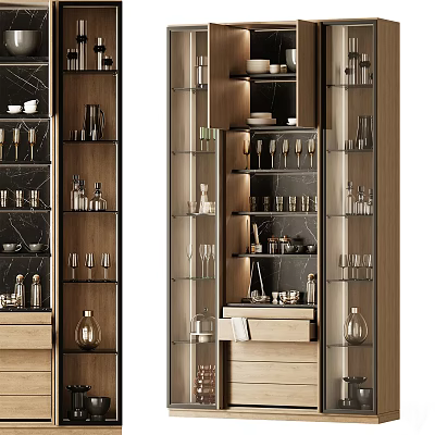 Modern Wooden Sideboard With Glass Doors And Multiple Shelves For Wine Glasses Storage 3d model