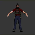 Man Wearing Red T Shirt Blue Jeans Tactical Vest And Mask Standing With Arms Out