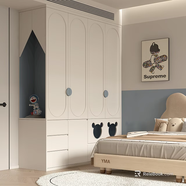 White Wardrobe Interior Design With Round Handles And Mickey Mouse Decor In Children Bedroom 3d model 