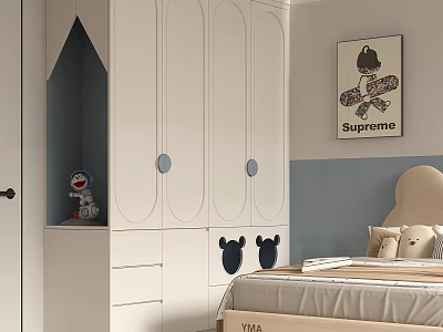 White Wardrobe Interior Design With Round Handles And Mickey Mouse Decor In Children Bedroom 3d model