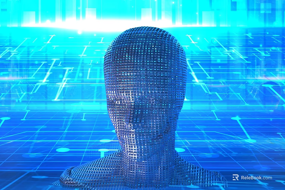 Digital Grid Art Installation Featuring Blue Translucent Human Head Sculpture With Tech Inspired Background Lights 3d model 