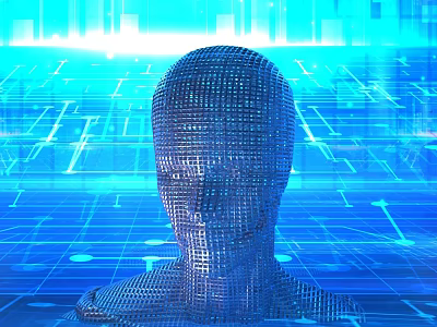 Digital Grid Art Installation Featuring Blue Translucent Human Head Sculpture With Tech Inspired Background Lights 3d model