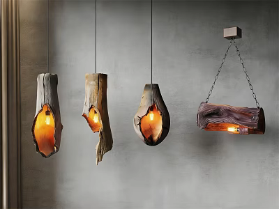 Natural Wooden Chandeliers With Illuminated Unique Shapes Hanging In Modern Interior 3d model