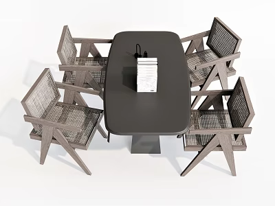 Modern Dining Table Set With Black Rectangular Top And Wooden Rattan Chairs 3d model