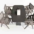 Modern Dining Table Set With Black Rectangular Top And Wooden Rattan Chairs