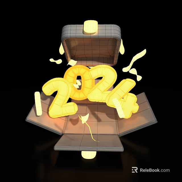 Golden 2024 Numbers Emerging From Open Box With Flying Streamers 3d model 