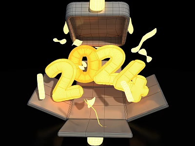 Golden 2024 Numbers Emerging From Open Box With Flying Streamers 3d model