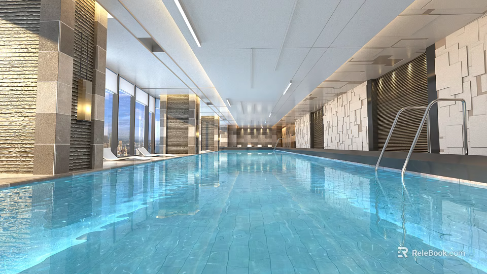 Modern Indoor Swimming Pool With Large Windows Tiled Floor And Lighting 3d model
