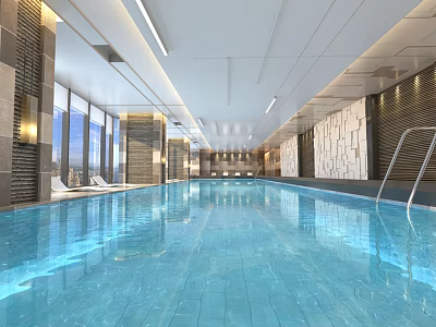 Modern Indoor Swimming Pool With Large Windows Tiled Floor And Lighting 3d model