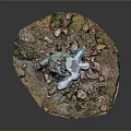 Stone Giant Character With Rocky Texture Kneeling On Debris Covered Ground And Snowy Back