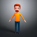 Cartoon Man Character With Brown Hair Mustache Orange Shirt Blue Pants Standing On Gray Background