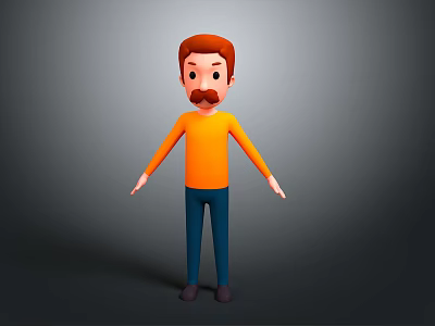 Cartoon Man Character With Brown Hair Mustache Orange Shirt Blue Pants Standing On Gray Background 3d model