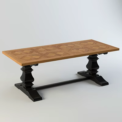 Classic Wooden Dining Table With Geometric Pattern Top And Black Carved Legs 3d model