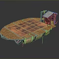Wooden Boat Structure With Red Brown Planked Deck And Sloped Roof Cabin