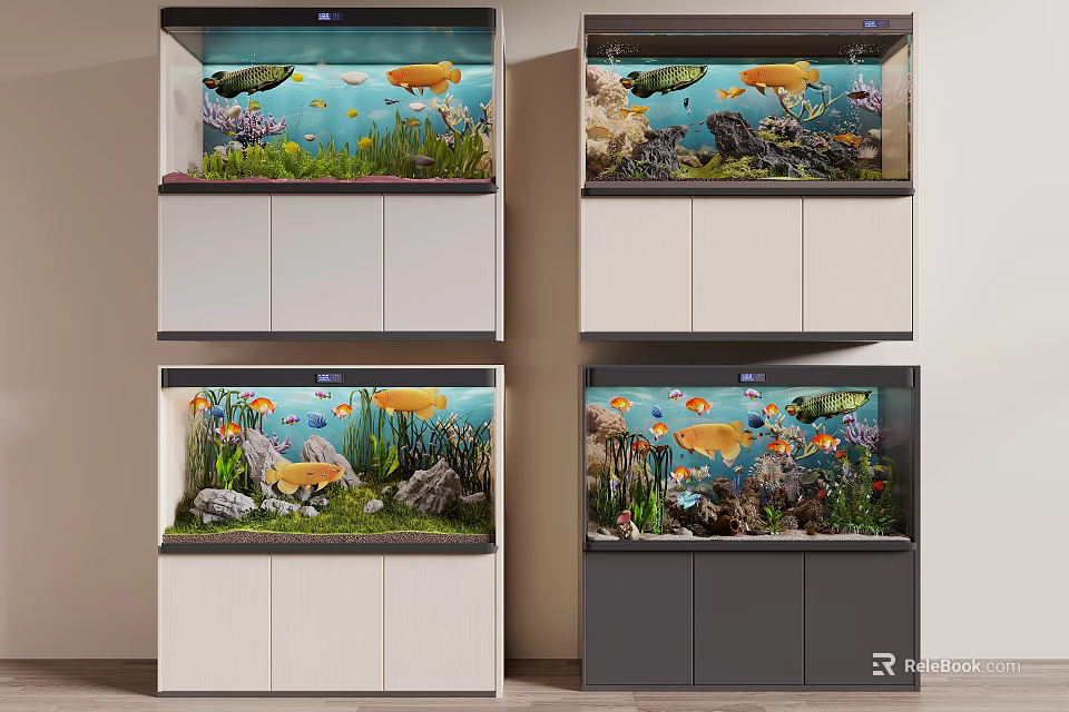 Stylish Multiple Aquariums with Colorful Fish Aquatic Plants and White Gray Cabinets 3d model 