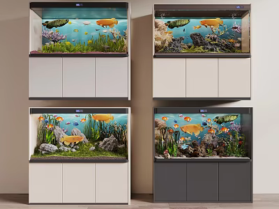 Stylish Multiple Aquariums with Colorful Fish Aquatic Plants and White Gray Cabinets 3d model