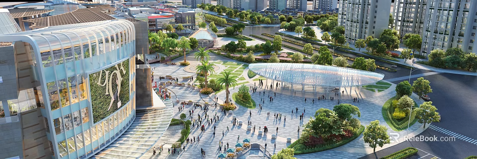 Urban Public Square With People Gathering Green Trees And Modern Buildings 3d model 