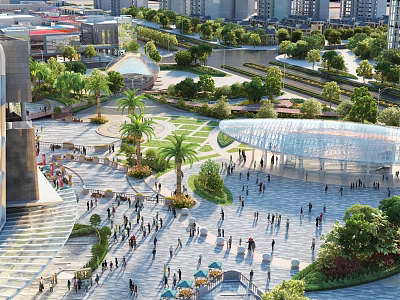 Urban Public Square With People Gathering Green Trees And Modern Buildings 3d model