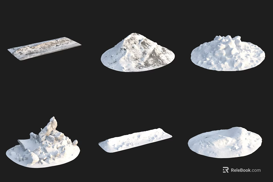 White Powdery Substance in Various Shapes Arranged on Black Background 3d model 