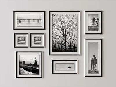 Black And White Photo Wall With Various Sized Frames Arranged On White Wall 3d model