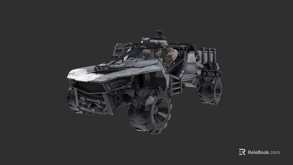 Tactical Utility Vehicle with Large Off Road Wheels Open Top Structure and Mounted Weapon 3d model 