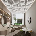Modern Kindergarten Interior Design With Wooden Decor Round Mirrors And Green Plants
