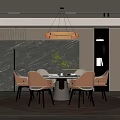 Modern Restaurant Interior With Round Dining Table Upholstered Chairs Dark Marble Wall And Pendant Light