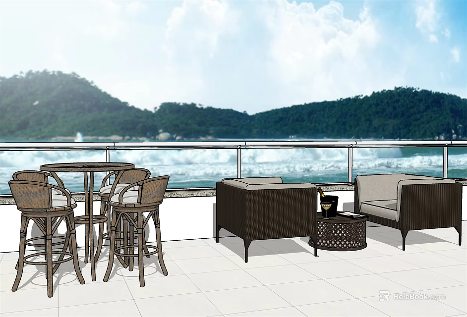 Outdoor Sofa With Coffee Table And Dining Chairs On Seaside Terrace Mountain View White Tiles 3d model 