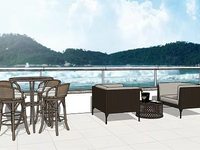 Outdoor Sofa With Coffee Table And Dining Chairs On Seaside Terrace Mountain View White Tiles 3d model