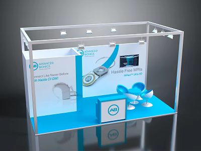 HearSonic Exhibition Booth Featuring White Frame Blue Floor Hearing Aids Display Lighting And Seating 3d model