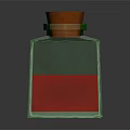 Transparent Square Glass Bottle With Orange Cap And Red Liquid On Dark Background With Reflection